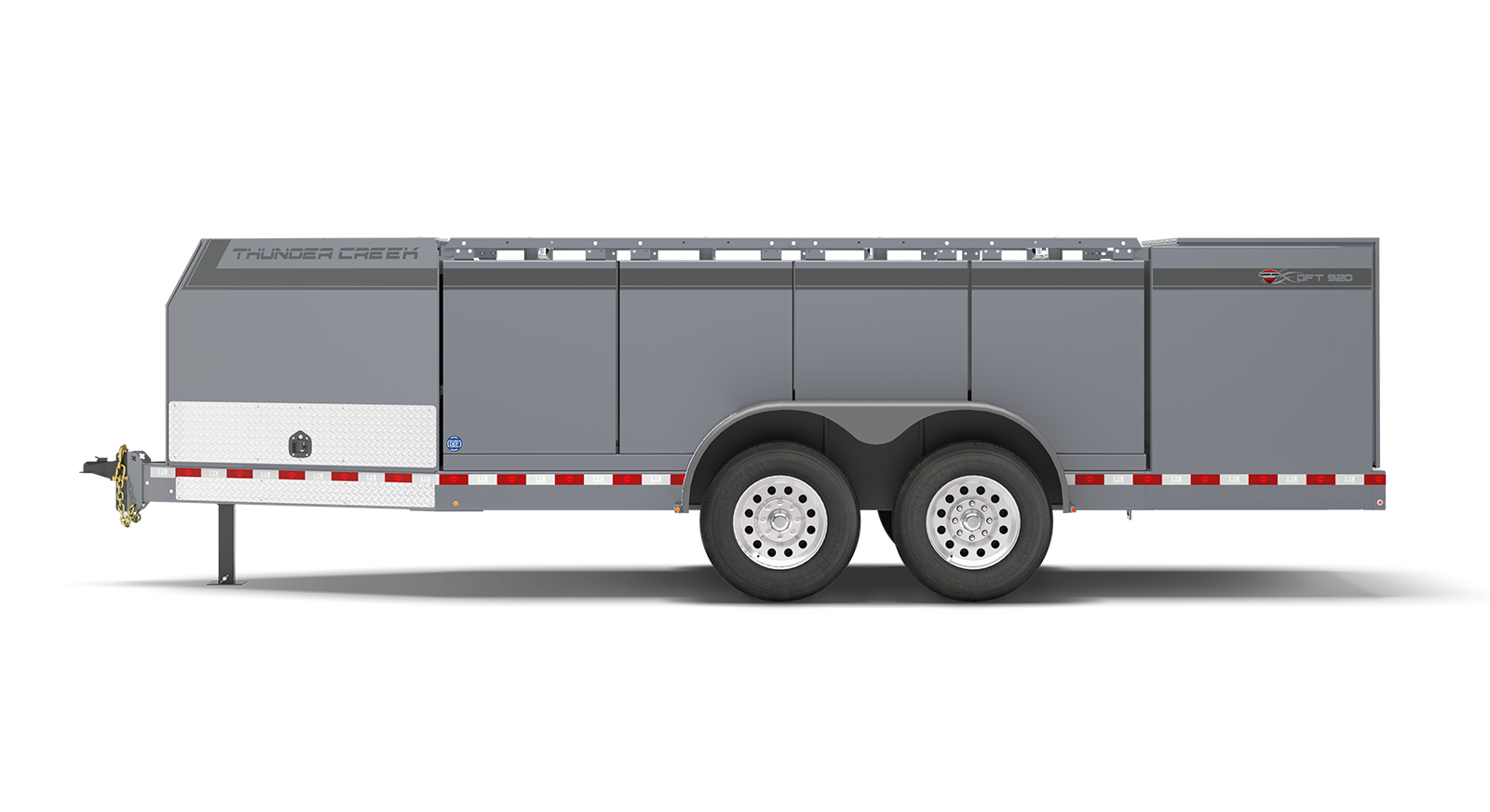 Dual Fluids Trailer, No HAZMAT, fits 920 gallons of fuel or oil, parked in side view